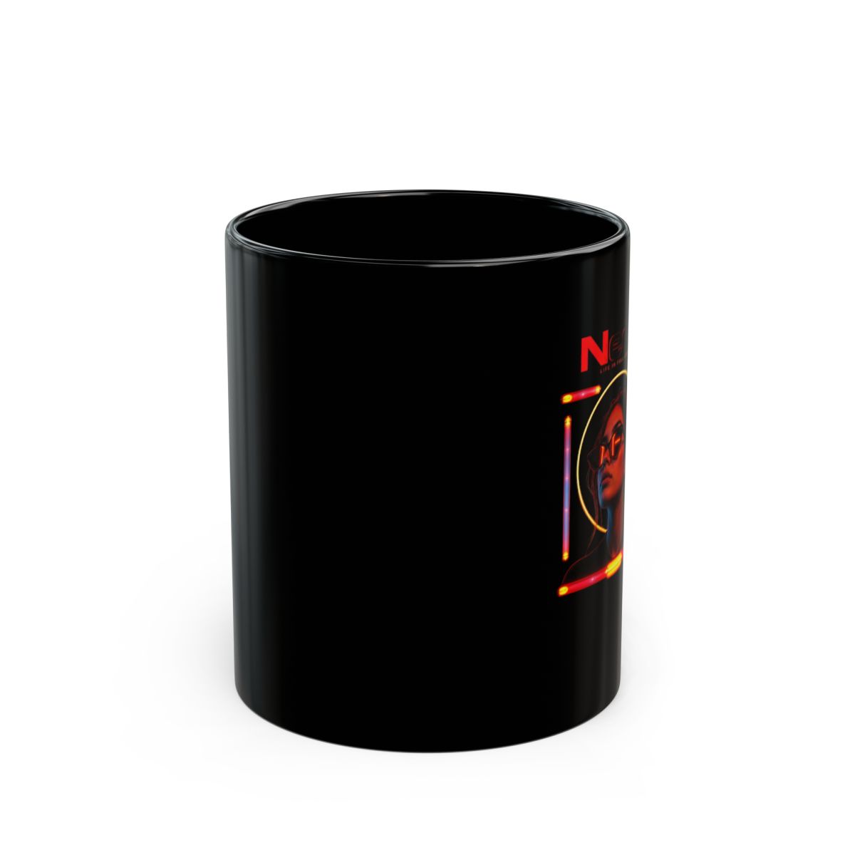 Neon " in bold modern sans-serif font at the top. " Black Mug - Official mugs merchandise