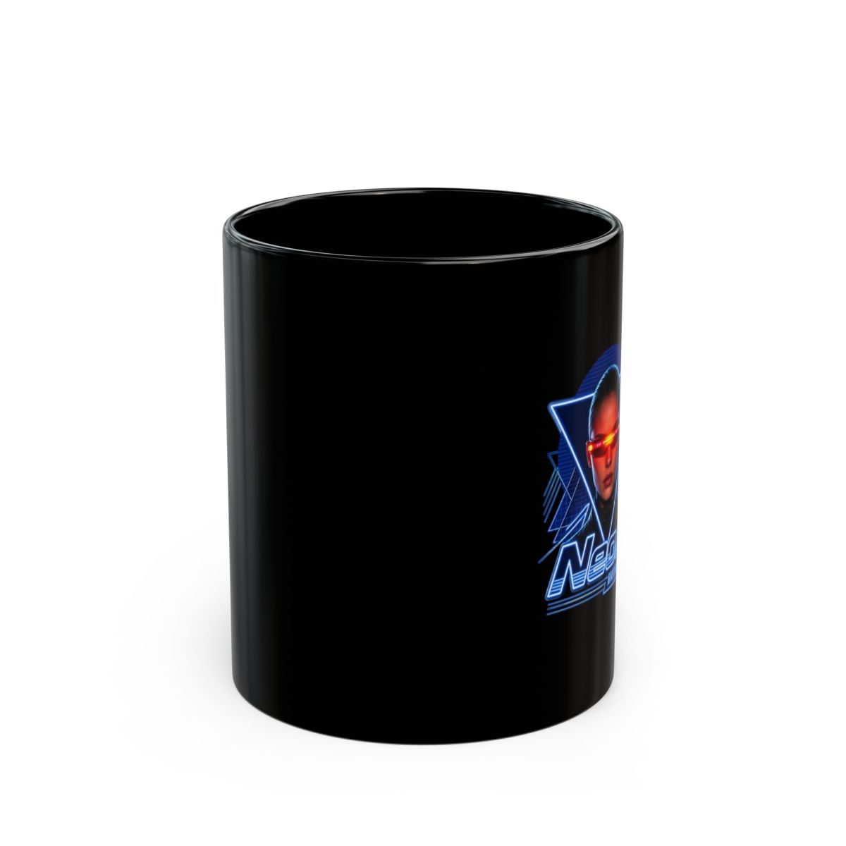 Neon " in bold retro-style font at the bottom. " Black Mug - Official mugs merchandise
