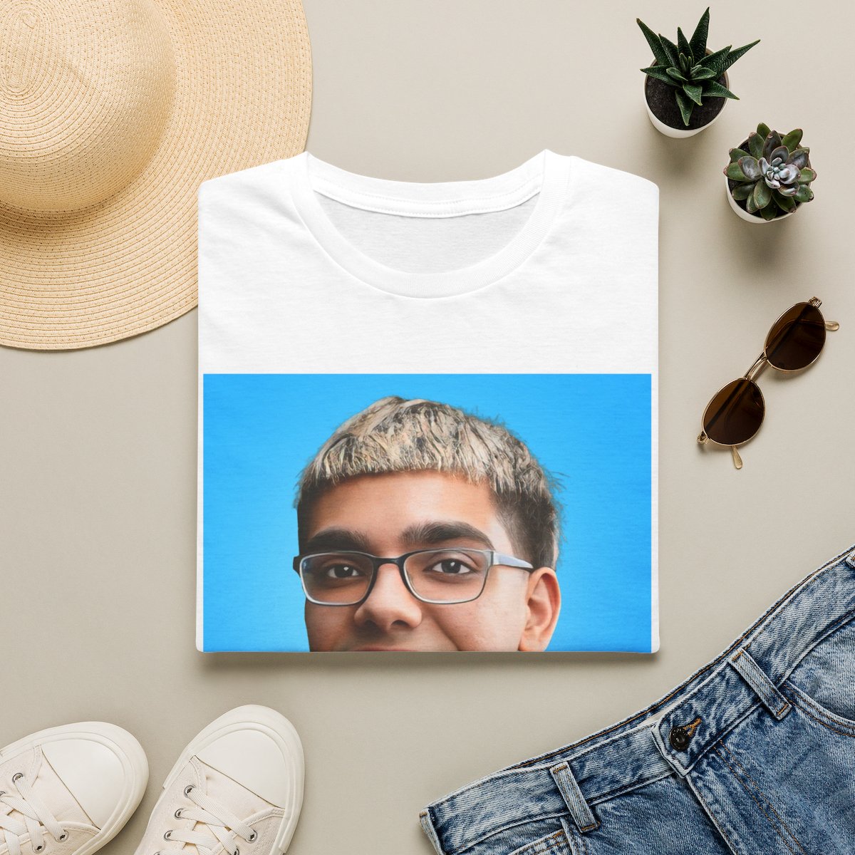 Portrait Photo T-Shirt | Custom Face Print Tee, Blue Background | Neon